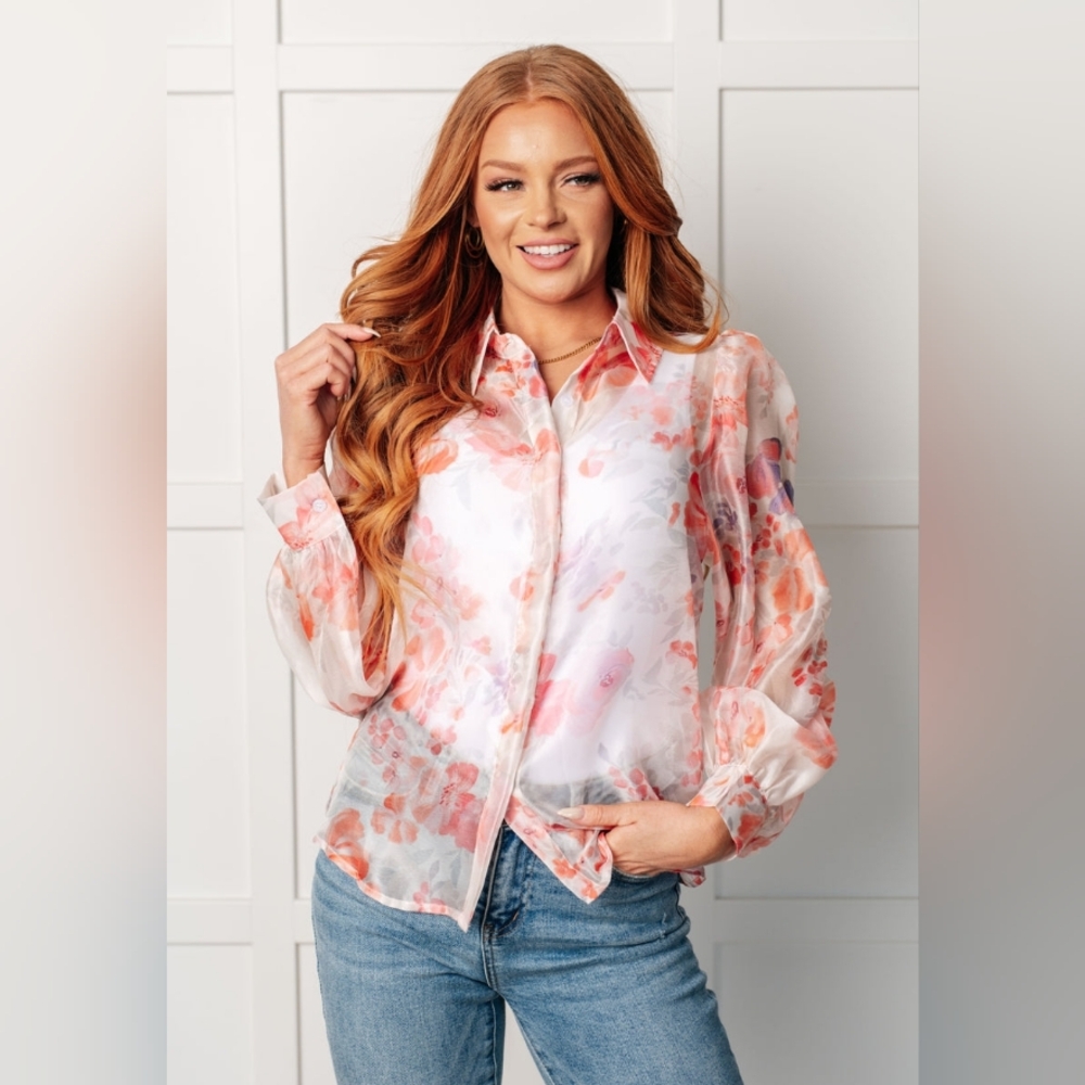 Elegant Floral Button-Up Blouse - Pink and Orange